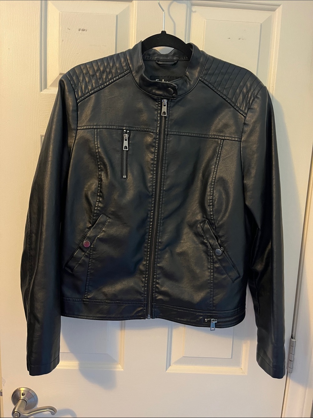 Black Faux Leather Quilted-Shoulder Bomber Jacket